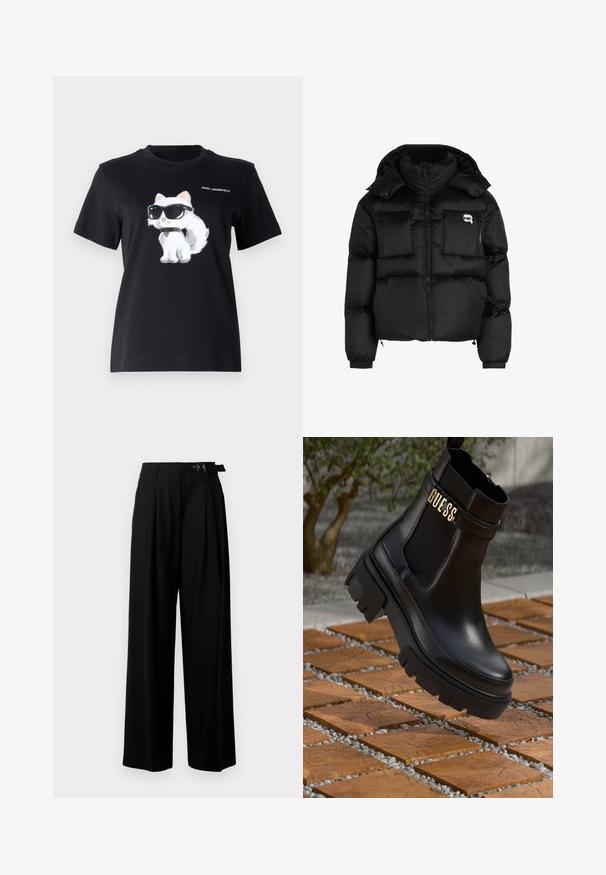 Svart pufferjakke med høy krage, glidelås foran, to store frontlommer og elastiske mansjetter. Glatt, blankt stoff med hette.; Svart bomull t-skjorte med grafikk av en hvit katt som har solbriller på. Designet inkluderer subtile detaljer og teksten "KARL LAGERFELD."; Svarte vide bukser med høy livlinje, folder foran og belte med spenne. Laget av glatt, lett materiale.; Svarte lær ankelstøvler med en kraftig gummisåle, elastiske sidestykker og et gullfarget detalj med "GUESS"-merke.