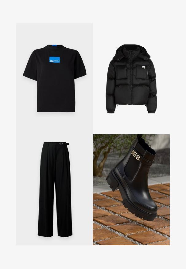 Melna pūķa jaka ar augstu apkakli, ar rāvējslēdzēju priekšpusē, divām lielām priekšējām kabatām un elastīgām aprocēm. Gluda, spīdīga auduma jaka ar kapuci.; Melnas kokvilnas T-krekls ar apaļu kaklu, ar zilu taisnstūra grafiku, kurā rakstīts "KARL LAGERFELD JEANS", uz priekšpuses.; Melni plaši bikses ar augsto jostasvītru, priekšā ar krokojiem un jostu ar sprādzi. Izgatavotas no gludas, vieglas auduma.; Melna ādas potīšu zābaku ar masīvu gumijas zoli, elastīgām sānu paneļiem un zelta akcents ar "GUESS" zīmola nosaukumu.