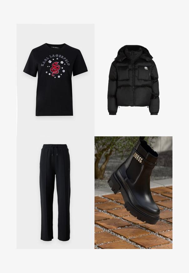 Juodas pūkinis švarkas su aukštu apykakle, užtrauktuku priekyje, dviem didelėm priekinėm kišenėm ir elastingomis rankovėmis. Lygus, blizgus audinys su kapišonu.; Juodas medvilnės marškinėliai su raudono gyvatės dizainu, baltais žiedais ir "KARL LAGERFELD" tekstu apvalioje kompozicijoje. Trumpomis rankovėmis, su apvaliu iškirpimu.; Juodi sportiniai džinsai su laisvu siluetu, elastine juosmeniu, reguliuojamu raiščiu ir vertikaliomis siūlėmis palei kojas. Minkšta audinio tekstūra.; Juodos odinės kulkšninių botai su masyviu guminiu padu, elastinėmis šoninėmis detalėmis ir auksine akcento detalė su "GUESS" ženklu.