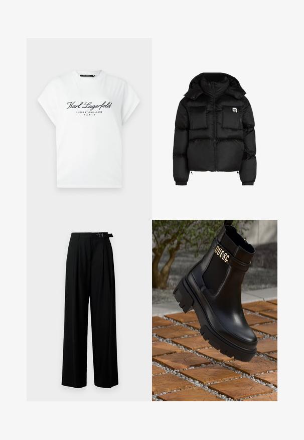 Black puffer jacket featuring a high collar, zippered front, two large front pockets, and elastic cuffs. Smooth, shiny fabric with a hood.; White short-sleeve t-shirt with black "Karl Lagerfeld 21 Rue St-Guillaume Paris" text printed on front, crew neck collar.; Black wide-leg trousers with a high waist, pleats at the front, and a belt featuring a buckle. Made from smooth, lightweight fabric.; Black leather ankle boot featuring a chunky rubber sole, elastic side panels, and a gold accent with "GUESS" branding.