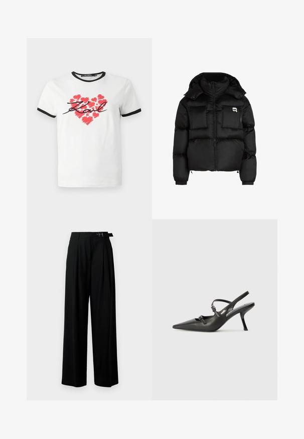 Melna pūķa jaka ar augstu apkakli, ar rāvējslēdzēju priekšpusē, divām lielām priekšējām kabatām un elastīgām aprocēm. Gluda, spīdīga auduma jaka ar kapuci.; Balts kokvilnas T-krekls ar melnu apmalīti, kurā ir sarkans sirds grafiks, kas izveidots ar otas triepieniem un melns rokraksts "Karl".; Melni plaši bikses ar augsto jostasvītru, priekšā ar krokojiem un jostu ar sprādzi. Izgatavotas no gludas, vieglas auduma.; Melnas ādas slingback papēži ar norādītu purngalu, izsmalcinātu papēdi un dekoratīvu sprādzi uz priekšpuses. Gluda tekstūra un elegants dizains.