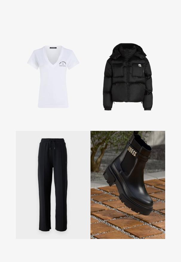 Melna pūķa jaka ar augstu apkakli, ar rāvējslēdzēju priekšpusē, divām lielām priekšējām kabatām un elastīgām aprocēm. Gluda, spīdīga auduma jaka ar kapuci.; Balts kokvilnas T-krekls ar V veida kaklu, īsām piedurknēm un melniem drukātiem logotipa elementiem uz kreisās krūtis un apakšējās muguras.; Melni sporta bikses ar brīvu piegriezumu, elastīgu jostasvieta, regulējamu auklu un vertikālām šuvēm gar kājām. Mīksta auduma tekstūra.; Melna ādas potīšu zābaku ar masīvu gumijas zoli, elastīgām sānu paneļiem un zelta akcents ar "GUESS" zīmola nosaukumu.