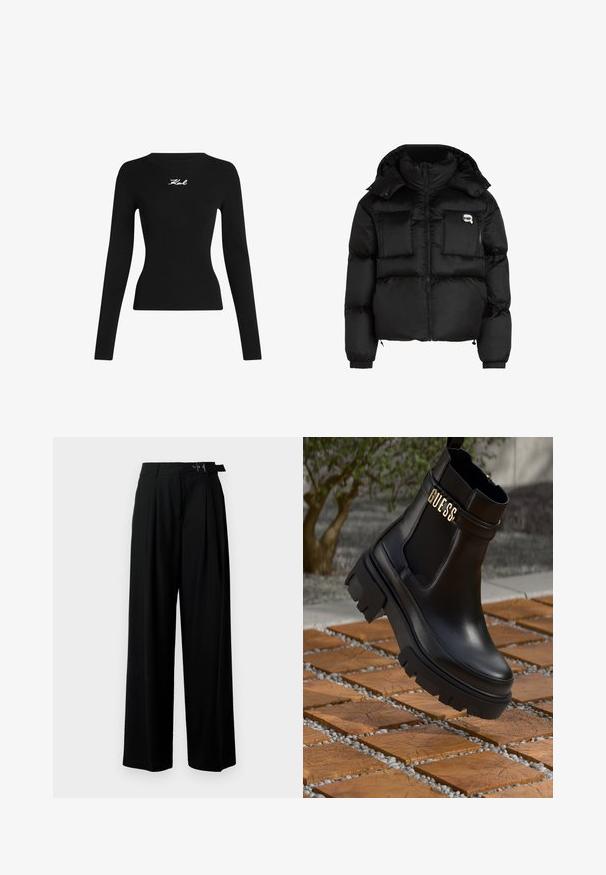 Juodas pūkinis švarkas su aukštu apykakle, užtrauktuku priekyje, dviem didelėm priekinėm kišenėm ir elastingomis rankovėmis. Lygus, blizgus audinys su kapišonu.; Juodas ribotas ilgomis rankovėmis marškinėliai su apvalia iškirpte. Priekyje centre yra baltas siuvinėjimas su logotipu. Prigludusi siluetas.; Juodos plačios kojų kelnės su aukštu liemeniu, priekinėmis klostėmis ir diržu su sagtimi. Pagamintos iš lygaus, lengvo audinio.; Juodos odinės kulkšninių botai su masyviu guminiu padu, elastinėmis šoninėmis detalėmis ir auksine akcento detalė su "GUESS" ženklu.