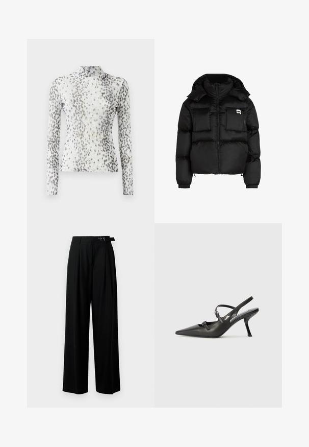 Svart pufferjacka med hög krage, zippered front, två stora framfickor och elastiska ärmslut. Slät, glänsande tyg med huva.; Långärmad topp med hög krage, i vitt tyg prytt med ett grått och svart prickigt mönster.; Svarta byxor med vida ben och hög midja, med veck framtill och ett bälte med spänne. Tillverkade av ett mjukt, lätt tyg.; Svarta läderklackar med slingback, spetsig tå, smal klack och dekorativ spänndetalj på ovansidan. Slät struktur och stilren design.