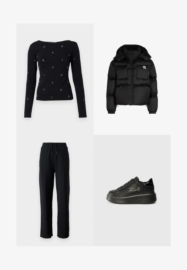 Must mustjakker, millel on kõrge krae, lukuga esiosa, kaks suurt eesmist taskut ja elastsed mansetid. Sile, läikiv kangas kapuutsiga.; Must be pikkade varrukatega must särk, mis on valmistatud pehmest kangast, ning millel on ümar kaelus ja kogu pinnal on laiali asetatud sädelevad rhinestone-tähed "A", "K" ja "L".; Mustad mustad püksid lõdva lõikega, elastse vöökoha, reguleeritava nööriga ja vertikaalsete õmblustega jalgadel. Pehme kangastekstsuur.; Mustad mustad sneakerid, millel on sile nahkpind, tasased paelad ja brodheeritud "Karl" logo külje peal. Ümmargune varvas ja paks tald.