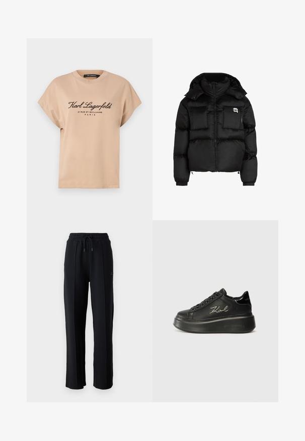 Chaqueta de plumas negra con cuello alto, cierre frontal con cremallera, dos grandes bolsillos delanteros y puños elásticos. Tela suave y brillante con capucha.; Camiseta de algodón beige con cuello redondo, mangas cortas y texto impreso en negro en la parte frontal, que incluye el nombre de la marca y detalles de ubicación.; Pantalones de chándal negros con un corte relajado, cinturilla elástica, cordón ajustable y costuras verticales a lo largo de las piernas. Textura de tela suave.; Zapatillas de plataforma negras con parte superior de cuero suave, cordones planos y logo bordado "Karl" en el lateral. Punta redondeada y suela gruesa.