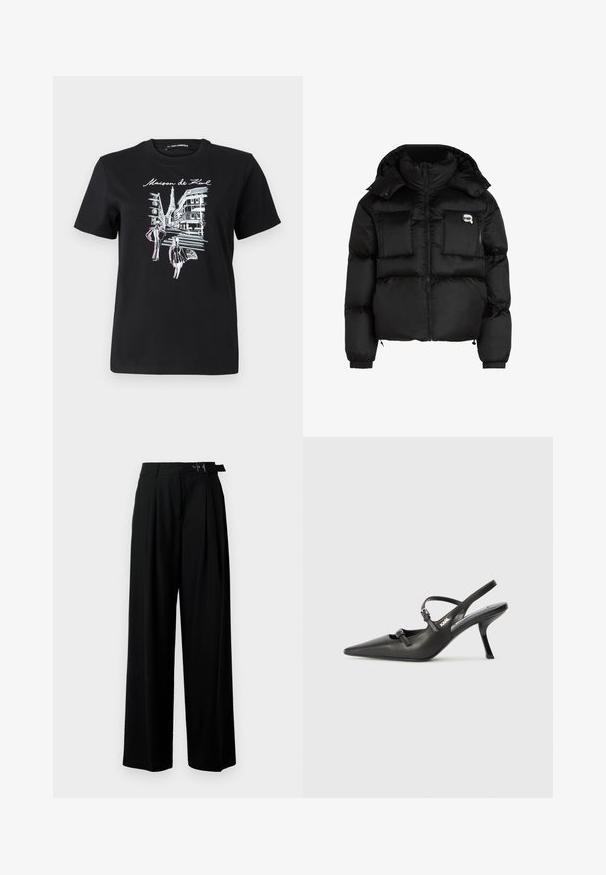 Must mustjakker, millel on kõrge krae, lukuga esiosa, kaks suurt eesmist taskut ja elastsed mansetid. Sile, läikiv kangas kapuutsiga.; Must mustrung must t-särgil on graafiline kujundus Pariisi tänavatest koos torniga, aktsentideks roosa ja valge joonkunst. Ümar kaelus.; Mustad kõrge vöökohaga mustad laiad püksid, millel on ees voldid ja vöö, millel on pandla. Valmistatud siledast ja kergest kangast.; Must musta slingback kontsad, terava nina, peenike konts ja dekoratiivne pandla detail peal. Sile tekstuur ja stiilne disain.