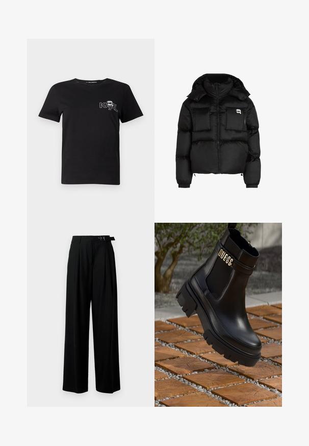 Melna pūķa jaka ar augstu apkakli, ar rāvējslēdzēju priekšpusē, divām lielām priekšējām kabatām un elastīgām aprocēm. Gluda, spīdīga auduma jaka ar kapuci.; Melnas īsām piedurknēm T-krekls, izgatavots no kokvilnas. Ar baltu grafiku, kurā rakstīts "KARL" un stilizēta figūra uz krūšu daļas. Apaļš kakla izgriezums.; Melni plaši bikses ar augsto jostasvītru, priekšā ar krokojiem un jostu ar sprādzi. Izgatavotas no gludas, vieglas auduma.; Melna ādas potīšu zābaku ar masīvu gumijas zoli, elastīgām sānu paneļiem un zelta akcents ar "GUESS" zīmola nosaukumu.