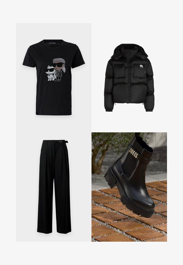Svart pufferjakke med høy krage, glidelås foran, to store frontlommer og elastiske mansjetter. Glatt, blankt stoff med hette.; Sort bomull T-skjorte med en rhinestone-grafikk av en person og en hvit katt, begge iført solbriller. Rund halslinning og korte ermer.; Svarte vide bukser med høy livlinje, folder foran og belte med spenne. Laget av glatt, lett materiale.; Svarte lær ankelstøvler med en kraftig gummisåle, elastiske sidestykker og et gullfarget detalj med "GUESS"-merke.