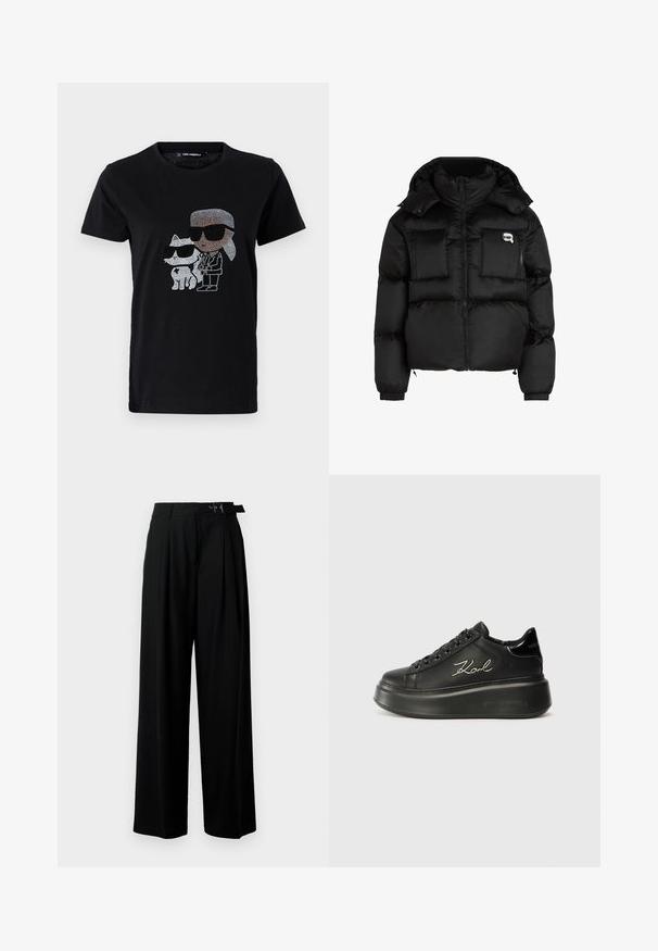 Must mustjakker, millel on kõrge krae, lukuga esiosa, kaks suurt eesmist taskut ja elastsed mansetid. Sile, läikiv kangas kapuutsiga.; Mustmust mustshirt, mille rhinestone graafikula isikust ja valgest kassist, kummalgi prillid peas. Ümmargune kaelus ja lühikesed varrukad.; Mustad kõrge vöökohaga mustad laiad püksid, millel on ees voldid ja vöö, millel on pandla. Valmistatud siledast ja kergest kangast.; Mustad mustad sneakerid, millel on sile nahkpind, tasased paelad ja brodheeritud "Karl" logo külje peal. Ümmargune varvas ja paks tald.