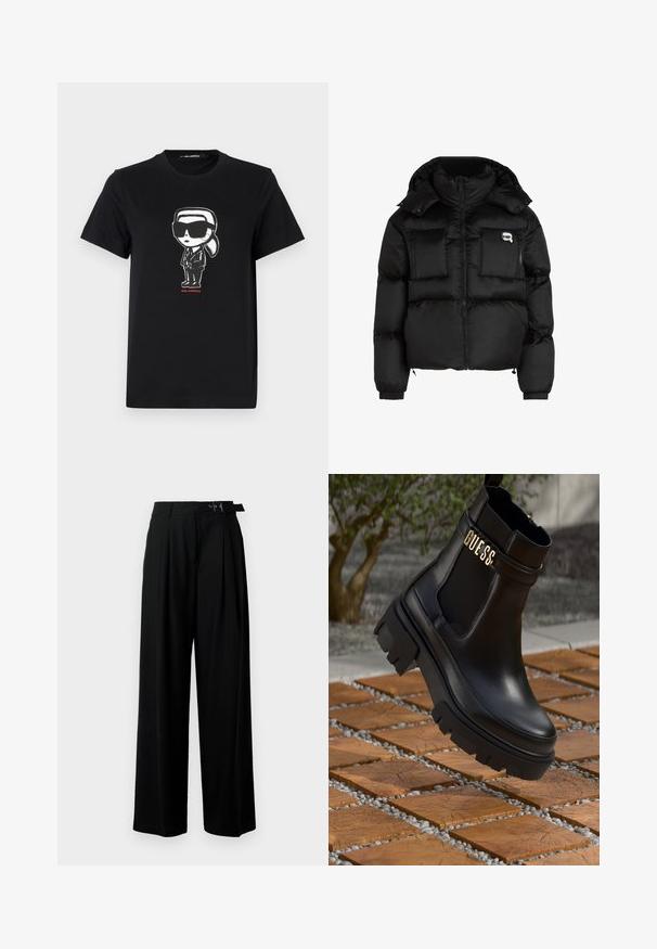 Svart pufferjacka med hög krage, zippered front, två stora framfickor och elastiska ärmslut. Slät, glänsande tyg med huva.; Svart bomullströja med ett grafiskt motiv av en figur i solglasögon och kostym. Enkel design med rund hals och kort ärm. Röd text nedanför.; Svarta byxor med vida ben och hög midja, med veck framtill och ett bälte med spänne. Tillverkade av ett mjukt, lätt tyg.; Svart läderankelsko med en kraftig gummisul, elastiska sidopaneler och en guldfinish med "GUESS"-logotyp.