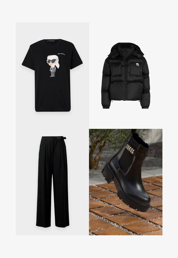 Juodas pūkinis švarkas su aukštu apykakle, užtrauktuku priekyje, dviem didelėm priekinėm kišenėm ir elastingomis rankovėmis. Lygus, blizgus audinys su kapišonu.; Juodas medvilninis marškinėlis su pilkai baltu pieštuku pieštu personažu, nešiojančiu akinius ir kostiumą, viršuje yra užrašas „KARL LAGERFELD“. ; Juodos plačios kojų kelnės su aukštu liemeniu, priekinėmis klostėmis ir diržu su sagtimi. Pagamintos iš lygaus, lengvo audinio.; Juodos odinės kulkšninių botai su masyviu guminiu padu, elastinėmis šoninėmis detalėmis ir auksine akcento detalė su "GUESS" ženklu.