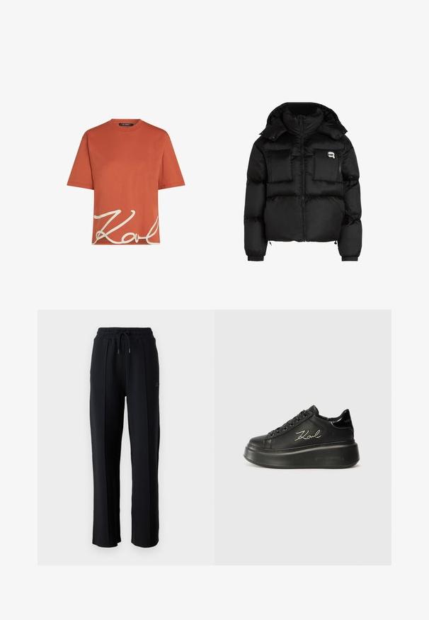 Melna pūķa jaka ar augstu apkakli, ar rāvējslēdzēju priekšpusē, divām lielām priekšējām kabatām un elastīgām aprocēm. Gluda, spīdīga auduma jaka ar kapuci.; Rūsas krāsas kokvilnas krekls ar īsām piedurknēm un apaļu kakla izgriezumu, ar baltu "Karl" paraksta grafiku priekšpusē. Gluda tekstūra.; Melni sporta bikses ar brīvu piegriezumu, elastīgu jostasvieta, regulējamu auklu un vertikālām šuvēm gar kājām. Mīksta auduma tekstūra.; Melni platformas sporta apavi, kas izgatavoti no gludas ādas, ar plakaniem šņorēm un izšūtu "Karl" logo sānos. Apaļa purngala un bieza zole.
