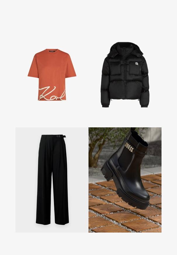 Crni puffer jakna s visokim ovratnikom, zatvorenjem na zip, dva velika prednja džepa i elastičnim rukavima. Glatka, sjajna tkanina s kapuljačom.; T-shirt od pamuka boje hrđe s kratkim rukavima i okruglim izrezom, s bijelim grafičkim potpisom "Karl" na prednjoj strani. Glatka tekstura.; Crne široke hlače s visokim strukom, nabranima sprijeda i remenom s kopčom. Izrađene od glatkog, laganog materijala.; Crne kožne gležnjače s debelim gumiranim potplatom, elastičnim bočnim panelima i zlatnim detaljem s "GUESS" brendom.