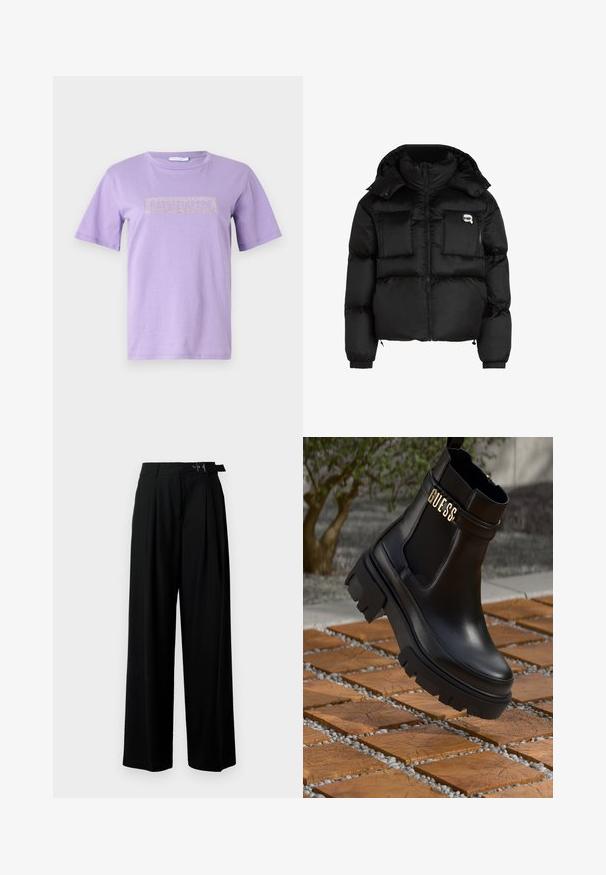 Zwarte puffer jacket met een hoge kraag, ritssluiting aan de voorkant, twee grote zakken aan de voorkant en elastische manchetten. Glad, glanzend materiaal met een kap.; Lila t-shirt van zacht stof met korte mouwen. Aan de voorkant heeft het een rechthoekig logo dat versierd is met rhinestones in een contrasterende kleur.; Zwarte wijde broek met hoge taille, plooien aan de voorkant en een riem met een gesp. Gemaakt van glad, lichtgewicht stof.; Zwarte leren enkelboot met een chunky rubberen zool, elastische zijpanelen en een gouden accent met "GUESS" branding.