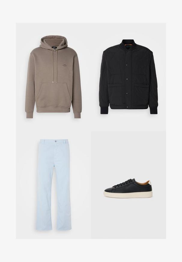 Giacca nera trapuntata con colletto a coste, chiusura frontale a bottoni a pressione e due ampie tasche. Presenta una superficie liscia e un design imbottito.; Felpa marrone realizzata in tessuto morbido, con tasca frontale, cordini e un piccolo logo sul petto. Polsini e orlo a coste.; Pantaloni in cotone azzurro chiaro con taglio rettilineo, chiusura frontale con bottone e tasche laterali. Texture liscia e dettagli di cucitura minimi.; Sneakers in pelle nera con una texture liscia, suola in gomma beige, design con lacci e un accento del tacco in contrasto.