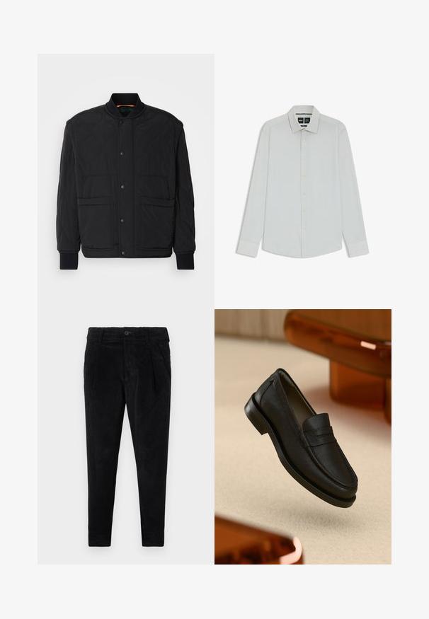 Black quilted jacket with a ribbed collar, front press-stud closure, and two large pockets. Features a smooth texture and padded design.; White long-sleeve shirt with a classic collar, button front, and soft texture. Features subtle sheen and tailored fit.; Black corduroy trousers with a slim fit, featuring a button closure, two front pockets, and vertical ribbed texture throughout.; Black leather loafer with textured finish, featuring a stitched seam and rubber sole. Laid against a light-colored surface.