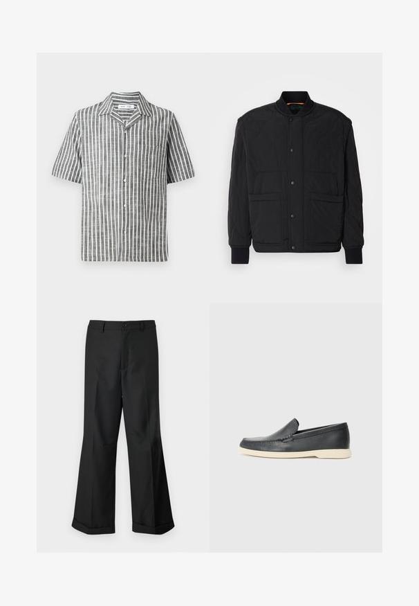 Svart vadderad jacka med ribbat krage, framknappstängning och två stora fickor. Har en jämn textur och vadderad design.; Kortärmad skjorta i ett grått och vitt vertikalt randigt mönster, med knäppning fram och en ficka på vänster sida. Tillverkad av textil med struktur.; Svarta vida byxor med knapplåsning i midjan och uppvikta fållar, visade mot en enkel vit bakgrund.; Svarta läder slip-on loafers med en texturerad yta och en kontrasterande beige gummisula. Har en subtil accent längs fram.