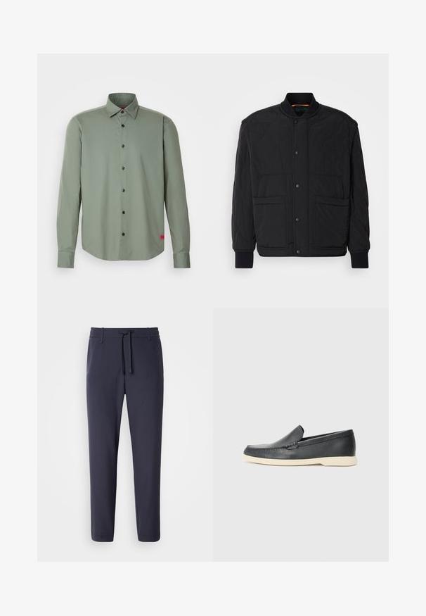 Čierna prešívaná bunda s rebrovaným golierom, predným zapínaním na patentky a dvoma veľkými vreckami. Má hladkú textúru a vypchatý dizajn.; Košeľa na gombíky v olivovo zelenej farbe, vyrobená z hladkej tkaniny. Má dlhé rukávy, čierne gombíky a malú červenú nášivku na leme.; Nazúvacie nohavice v námorníckej modrej farbe s elastickým pásom a šnúrkou. Vyrobené z hladkého materiálu, s užšími nohavicami a bez viditeľných vreciek.; Čierne kožené slip-on mokasíny s textúrovaným povrchom a kontrastnou béžovou gumovou podrážkou. Obsahujú jemný akcent pozdĺž prednej časti.