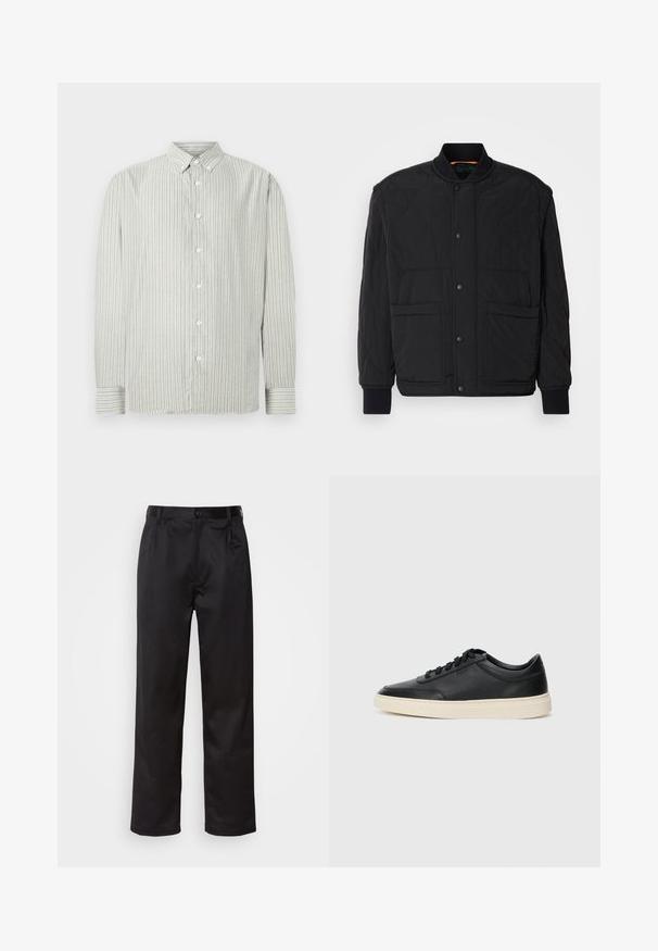 Melnā izšūtā jaka ar ribota apkakli, priekšējo spiedpogu aizdari un divām lielām kabatām. Ievērojama ar gludu tekstūru un polsterētu dizainu.; Svītraina krekla formas blūze gaiši pelēkā un baltā krāsā, ar klasisku apvalku un garām piedurknēm ar apkakles detaļām. Mīksta auduma tekstūra.; Melnas bikses, kas izgatavotas no gludas auduma, ar priekšējo pogu aizdari, krokām un taisnām kājām. Nav redzamu rakstu vai akcentu.; Melnas zemas ādas sporta kurpes ar melnām auklām un off-white zoli, rādītas no sānu profila uz baltā fona.