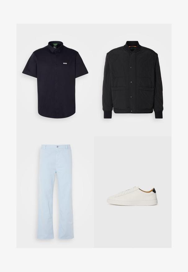 Jachetă neagră matlasată cu guler ribtit, închidere frontală cu capse și două buzunare mari. Dispune de o textură netedă și un design căptușit.; Cămașă neagră cu mânecă scurtă din bumbac, cu guler tip button-down, nasturi în față și un logo alb "BOSS" pe pieptul stâng.; Pantaloni din bumbac de culoare albastru deschis, cu croi drept, închidere frontală cu buton și buzunare laterale. Textură netedă și detalii minime de coasere.; Sneaker alb cu un superior din piele netedă, vârf rotund și talpă plată. Accente negre la călcâi, cu șireturi tonale și un branding minim.
