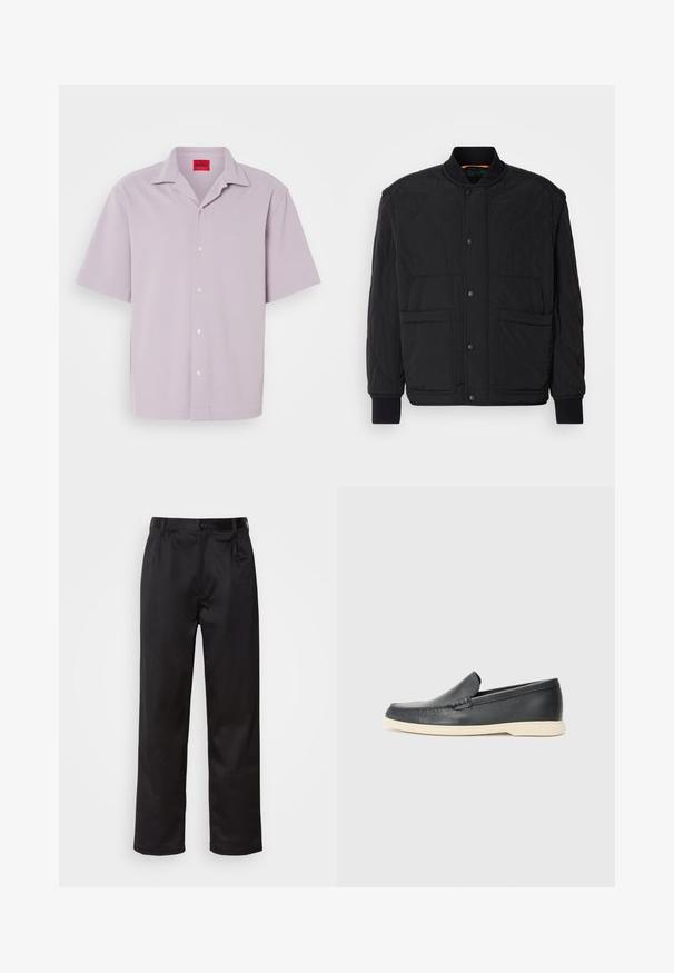 Fekete steppelt dzseki bordázott gallérral, elöl patentos zárással és két nagy zsebbel. Simaságot és párnázott kialakítást kínál.; Világos lila, rövid ujjú póló, texturált anyagból készült; gombos elejével és azonos színű hímzett logóval rendelkezik.; Fekete nadrág sima anyagból, elülső gombos záródással, redőkkel és egyenes szárral. Nincsenek látható minták vagy díszítések.; Fekete bőr, slip-on stílusú loaferek, texturált felülettel és kontrasztos bézs gumitalppal. A frontrészén finom díszítéssel rendelkezik.