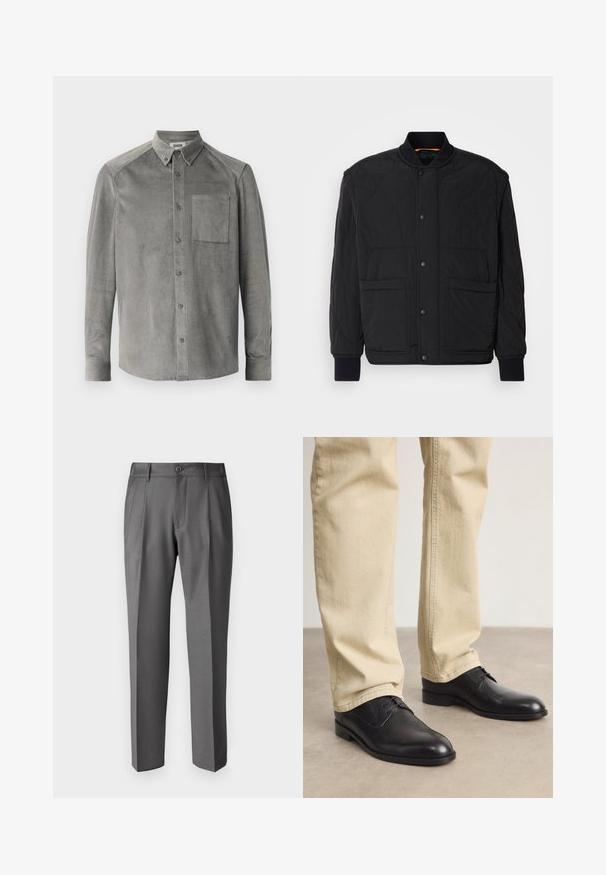 Chaqueta negra acolchada con cuello de canalé, cierre frontal con botones a presión y dos grandes bolsillos. Presenta una textura suave y un diseño acolchado.; Camisa de corduroy gris de manga larga con un bolsillo frontal, cuello con botón y textura de canalé vertical; corte estándar con cierres de botón.; DRYKORN LEEK - Pantalones - grey; Zapatos de cuero negro con cordones, puntera redondeada, acabado suave y sutiles detalles de costura, combinados con pantalones de color beige claro.