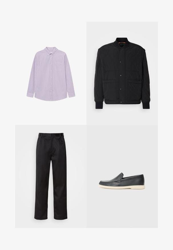 Czarna pikowana kurtka z prążkowanym kołnierzem, zapięciem na napy z przodu oraz dwiema dużymi kieszeniami. Posiada gładką teksturę i pikowaną formę.; Fioletowa i biała w paski koszula z długim rękawem z kołnierzykiem na guziki, jedną kieszonką na piersi i zaokrąglonym dołem. Wykonana z lekkiego materiału.; Czarne spodnie wykonane z gładkiego materiału, z zapięciem na guzik z przodu, plisami i prostymi nogawkami. Brak widocznych wzorów lub akcentów.; Czarne skórzane slip-ony w stylu loafers z teksturowanym wykończeniem i kontrastującą beżową gumową podeszwą. Posiadają delikatny akcent wzdłuż przodu.
