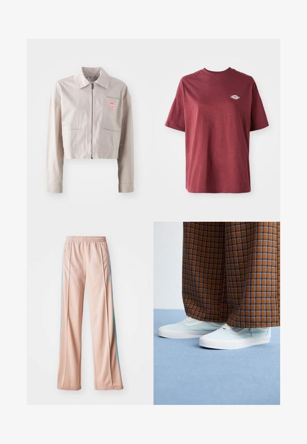 Cropped beige jacket made of smooth fabric, featuring a collar, front zip, and a small red logo patch on the chest. Vertical pinstripes visible.; Maroon cotton t-shirt with a crew neckline, short sleeves, and a small white logo on the left chest area. Smooth texture, relaxed fit.; Light pink athletic pants with a relaxed fit, featuring blue side stripes and a drawstring waistband. Made of smooth, lightweight fabric.; Light blue sneakers worn with brown and blue checkered wide-leg pants on a light blue carpeted floor.