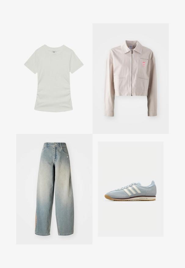 Saīsināta bēža jaka, izgatavota no gludas auduma, ar apkakli, priekšējo rāvējslēdzēju un nelielu sarkanu logotipa uzšuvumu uz krūšu. Redzamas vertikālas svītras.; Reiss REGULAR FIT - Pamata T-krekls - white; Gai zilo denimu platās kājas džinsi ar izbalējušu apdari. Iekļauj priekšējos kabatas, pogu aizdari un nedaudz pamanāmu logotipu jostasvieta.; Gaiši zili zamša sporta apavi ar baltām trim svītrām, gumijas zoli un teksturētu sietu. Ietver gludu purngalu un zīmolu uz papēža.