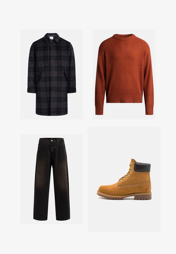 Crni i smeđi karirani kaput s kragnom, prednjim kopčanjem na dugmad, dva bočna džepa i rukavima do lakta. Mekana, teksturirana tkanina.; Pulover s rebrastim pletenjem u izgaranom narančastom s rundastim izrezom i dugim rukavima. Mekana tekstura, ležeran kroj i suptilna rastezljivost.; Crne traperice s opuštenim krojem, s petljama za pojas, dizajnom s pet džepova i kopčanjem na gumbe. Teksturu tkanine s laganim izbljeđivanjem.; Antracitne antilop čizme do gležnjeva s crnim podstavljenim ovratnikom, zlatnim metalnim rupicama, bijelim šavovima i robusnom gumenom potplatom s izraženim šarama.