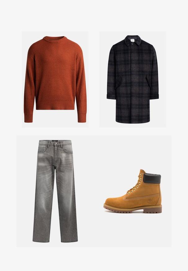 Black and brown plaid coat with a collared neck, front button closure, two side pockets, and elbow-length sleeves. Soft, textured fabric.; Ribbed knit pullover sweater in burnt orange with a round neck and long sleeves. Soft texture, relaxed fit, and subtle stretch detail.; Gray denim wide-leg jeans with a faded finish, classic five-pocket design, and a metal button closure. Textured fabric with subtle wear details.; Tan suede ankle boot with black padded collar, gold metal eyelets, white stitching detailing, and rugged rubber sole with pronounced treads.