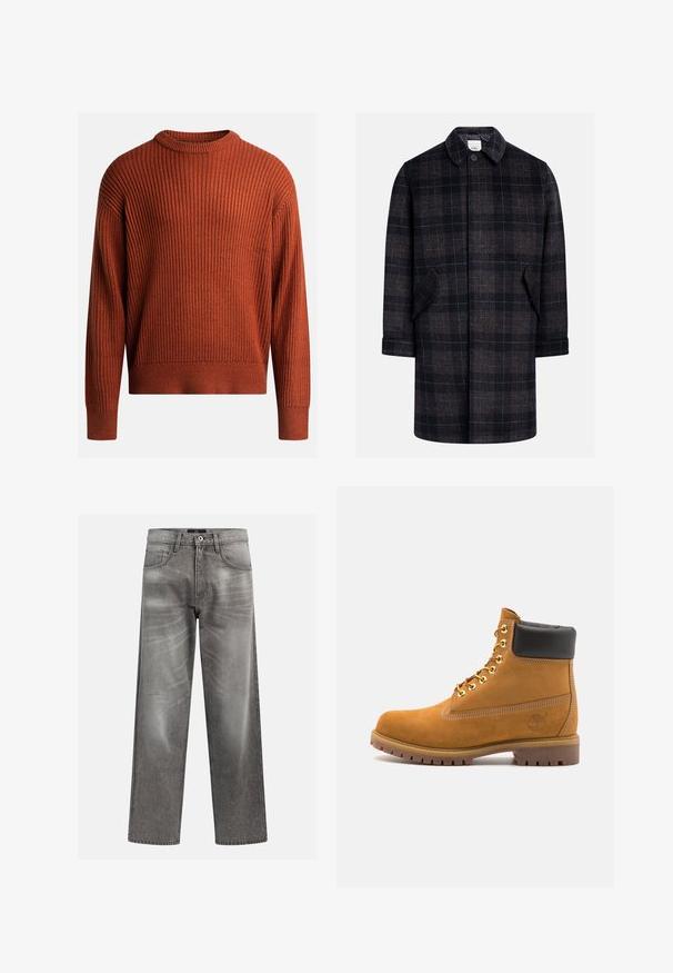 Cămașă în plaids negru și maro cu guler, închidere frontală cu nasturi, două buzunare laterale și mâneci până la cot. Material moale, texturat.; Pulover din tricot cu model cu nervuri, de culoare portocalie arsă, cu guler rotund și mâneci lungi. Textură moale, croială lejeră și detaliu subtil de întindere.; Jeans din denim gri, cu o croială lejeră, având detalii de uzură și decolorare, un design clasic cu cinci buzunare și închidere cu buton.; Cizmă de gleznă din întoarsă de culoare bej, cu guler negru căptușit, ochiuri din metal auriu, detalii de cusătură albă și talpă din cauciuc robustă, cu un model pronunțat.
