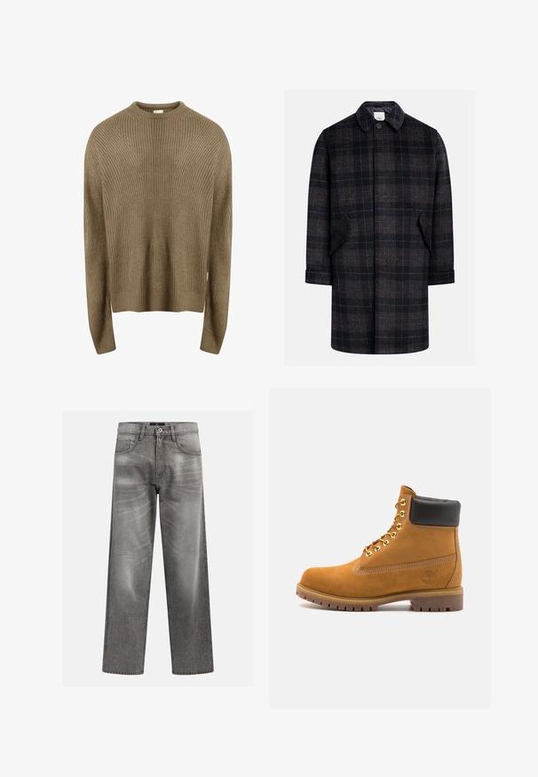 Crni i smeđi karirani kaput s kragnom, prednjim kopčanjem na dugmad, dva bočna džepa i rukavima do lakta. Mekana, teksturirana tkanina.; Redefined Rebel MILTON BOXY FIT - Vesta - sand; Sive traperice s labavim krojem, koje sadrže detalje izbjeljivanja i izbjeljivanja, klasični dizajn s pet džepova i kopčanje na gumbe.; Antracitne antilop čizme do gležnjeva s crnim podstavljenim ovratnikom, zlatnim metalnim rupicama, bijelim šavovima i robusnom gumenom potplatom s izraženim šarama.