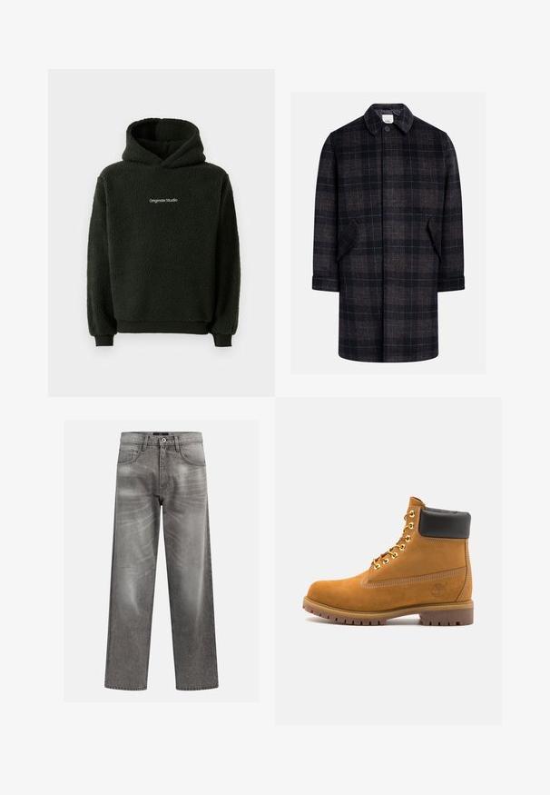 Plaid plašč v črni in rjavi barvi z ovratnikom, zapiranjem na gumb spredaj, dvema stranskima žepoma in rokavi do komolcev. Mehka, teksturirana tkanina.; Črna flisenka s teksturnim zaključkom, z sprednjim kenguru žepom in logotipom na prsih. Kapuco je zasnovana s elastičnimi manšeti.; Sivi kavbojke z ohlapnim krojem, ki vsebujejo detajle whiskeringa in bledenja, klasično zasnovo s petimi žepi in gumbnim zapiranjem.; Svetlo rjave anklne čizme iz semiša z črnim oblazinjenim ovratnikom, zlatimi kovinskimi očesci, belimi šivi in robustnim gumijastim podplatom s izrazitimi tredi.