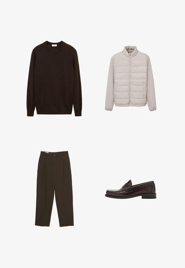 Helles beiges gesteppte Jacket mit vollem Reißverschluss auf der Vorderseite, Stehkragen, langen Ärmeln und seitlichen Taschen, auf weißem Hintergrund präsentiert.; Brauner Strickpullover mit Rundhalsausschnitt, gerippten Ärmelbündchen und Saum. Besitzt eine strukturierte Optik und Raglanärmel für eine lockere Passform.; Dunkelbraune maßgeschneiderte Hosen mit vorderen Falten, Gürtelschlaufen und einem Knopfverschluss an der Taille.; Braune Lederloafer mit runder Zehenform, dekorativen Nähten auf der Vorderseite und einer flachen Gummisohle für Unterstützung und Langlebigkeit.