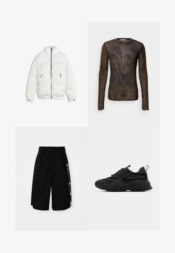 White puffer jacket with a high collar, black zipper, quilted design, and elastic cuffs. Features two side pockets, soft texture.; Brown long-sleeve sweater with ribbed texture, featuring a round neckline and fitted silhouette. Material has a slight sheen.; Black cotton shorts featuring a relaxed fit, straight legs, and a unique white graphic print on one side. Double belt loops at waistband.; Black athletic sneakers with a chunky sole, mesh panels, and rubber accents. Features a pull tab at the heel and textured patterns.