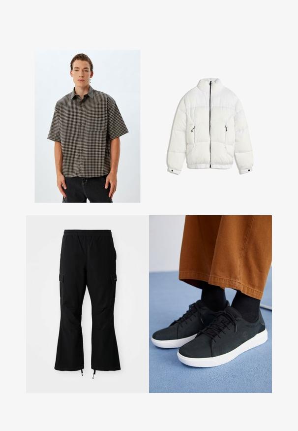 Witte gewatteerde jas met hoge kraag, zwarte rits, gestikt design en elastische manchetten. Beschikt over twee zijzakken en heeft een zachte textuur.; Koton SHORT SLEEVE - Overhemd - black; Zwarte cargobroek met een elastische tailleband, uitgerust met zijzakken en flared pijpen met ritssluitingen bij de manchetten, weergegeven tegen een witte achtergrond.; Zwarte suède sneakers met witte rubberen zolen, voorzien van een vetersluiting ontwerp, textuuraccenten en subtiele branding, gedragen met bruine broeken.