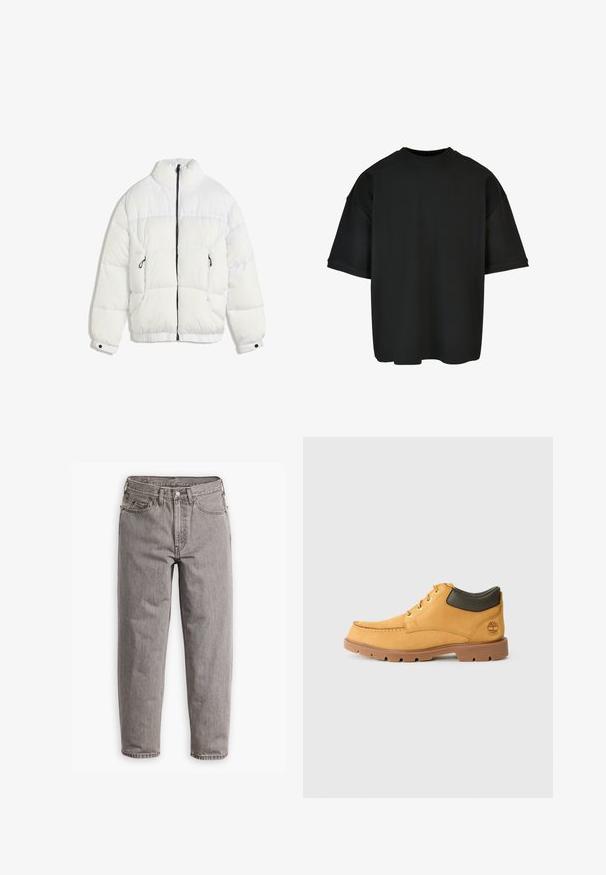Bela pufer jakna z visokim ovratnikom, črnimi zadrgami, prešito zasnovo in elastičnimi manšeti. Ima dve stranski žepki in mehak material.; Črna oversize majica iz rebraste tkanine. Okrogla ovratnica, kratki rokavi in sproščen kroj s ravnim robom. Preprost in vsestranski dizajn.; Sive kavbojke z visokim pasom, ravnim krojem, diskretnim bledenjem, petimi žepi in kovinskim gumbom za zapiranje.; Rumene usnjene čevlje s svetlo rjavim gumijastim podplatom, okroglim nosom in zelenim usnjenim detajlom na gležnju. Opremljeni so z zlatimi luknjicami in šivi.