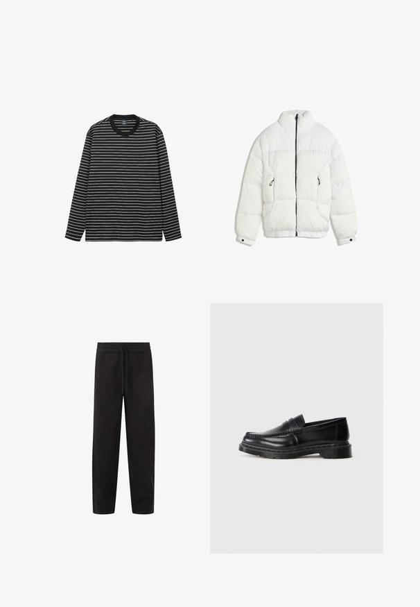 White puffer jacket with a high collar, black zipper, quilted design, and elastic cuffs. Features two side pockets, soft texture.; Long-sleeve black and white striped t-shirt made of soft cotton. Features a round neck and contrasting black ribbed collar.; Black sweatpants with an elastic waistband and drawstring, featuring a straight-leg design and side pockets, made from soft fabric.; Men’s black leather penny loafer with chunky sole and moc toe stitching, shown in profile on white background.