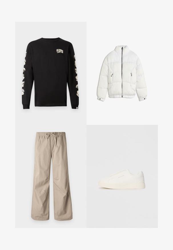 Fehér pufferek dzseki magas gallérral, fekete cipzárral, tűzött mintázattal és rugalmas mandzsettákkal. Két oldalsó zsebből áll, puha tapintású.; Fekete, hosszú ujjú pamut póló. Fehér grafikai nyomtatványokkal rendelkezik a mellkasán és mindkét ujján. Kerek nyakkivágású, bordázott mandzsettákkal.; Beige, bő szárú nadrág rugalmas derékpánttal és zsinórral. Sima textúra, két oldalsó zseb és minimális varrások a kényelmes illeszkedésért.; Fehér slip-on sportcipők texturált felülettel, vastag talppal és minimalista dizájnnal. Az oldalon a márka logója található.