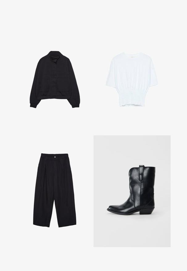 Črna jakna dolgih rokavov s stoječim ovratnikom, sprednjimi pritisnimi gumbi, elastičnim pasom, rebrastimi manšetami in dvema velikima sprednjima žepoma.; Bela majica s kratkimi rokavi sproščenega kroja in z gubanim materialom na pasu. Narejena iz mehkega, lahkega blaga.; Črne poliesterske culotte hlače z elastičnim pasom, dvema sprednjima nabiranjema in ohlapnim krojem. Brez vidnih vzorcev ali kovinskih detajlov.; Črne usnjene kavbojske čevlje s koničastim nosom, srednje višine do meč, okrasnim šivanjem in majhnim peto. Imajo zanko za enostavno obuvanje.