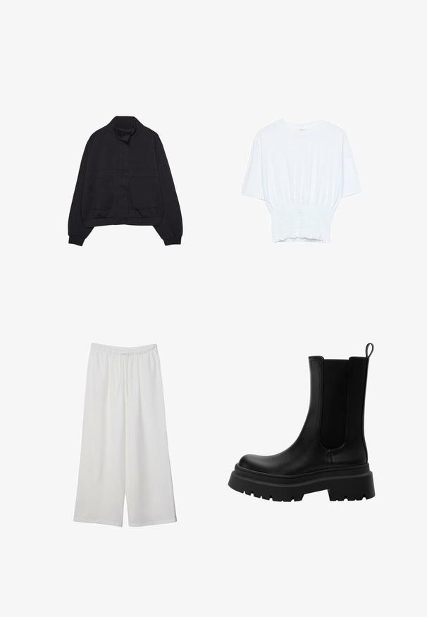 Črna jakna dolgih rokavov s stoječim ovratnikom, sprednjimi pritisnimi gumbi, elastičnim pasom, rebrastimi manšetami in dvema velikima sprednjima žepoma.; Bela majica s kratkimi rokavi sproščenega kroja in z gubanim materialom na pasu. Narejena iz mehkega, lahkega blaga.; Bele široke hlače iz lahkega materiala, ki imajo elastičen pas in vrvico za prilagajanje. Gladka tekstura.; Črne usnjene čelijske škornje z elastičnimi stranskimi paneli, debelim gumijastim podplatom in zaobljenim nosom. Tekstura in gladka površina.