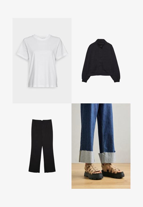 Mustat pitkähihaiset takki, jossa on pystykaulus, edessä napit, joustava vyötärö, ribattu hihansuu ja kaksi suurta etutaskua.; Valkoinen puuvillainen t-paita lyhyillä hihoilla, pyöreällä kauluksella ja rentoa istuvuutta. Sileä pinta, ilman kuvioita tai grafiikkaa, perusmuotoilu.; Mustat housut suoralinjaisella leikkauksella, joissa on etutaskut ja sivurei'ät helman alla. Valmistettu pehmeästä ja sileästä kankaasta. Sopii eri tilaisuuksiin.; Beige-alaiset platform-sandaalit paksuilla mustilla pohjilla, joissa on useita tukevia hihnoja. Yhdistetty vaaleansinisiin käännettyihin farkkuihin.