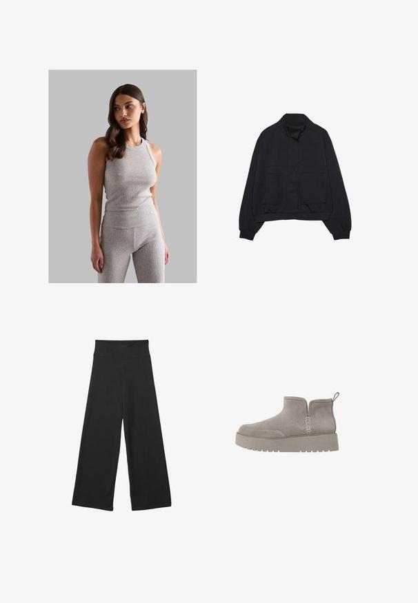 Sort langærmet jakke med ståkrave, frontknaplukning, elastisk talje, ribbede manchetter og to store forlommer.; Grå ribbet tanktop med rund hals, parret med matchende højtaljede leggings, der har en glat tekstur og slim-fit design.; Sorte brede bukser med høj elastisk talje, blødt stof og løs pasform, velegnede til afslappet tøj eller uformelle anledninger.; Grå ruskind ankelstøvle med lav profil, elastiske sidepaneler og en tekstureret gummisål. Har en løkke til nem påtagning.