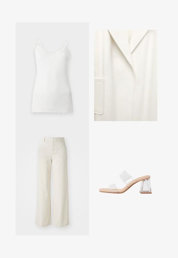 Hvid uldblandet frakke med store kraver, enkelt brystlomme og rene linjer. Blød tekstur, mellemlang design, minimalistic æstetik.; Hvid ribbet camisole med blonder langs v-udskæringen og spaghettistropper. Stoffet ser blødt og let ud.; Bredde ben-bukser i en lys beige farve, lavet af et glat stof. Har en klassisk talje og flad front med rene linjer.; Gennemsigtige hæle-sandaler med to klare remme, en beige bund og en geometrisk klar blokhæl. Minimalistisk design med glat overflade.