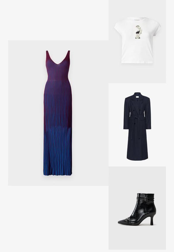 Dvojradový kabát z námorníckej vlny, dlhé rukávy, samostatne viazací opasok, dve predné vrecká, klopy, textúrovaná tkanina.; Dlhé, telo objímajúce šaty s hlbokým výstrihom do V, zdobené vertikálnymi pruhmi v gradientných odtieňoch bordovej a modrej farby, vyrobené z hladkej a elastickej tkaniny.; Biela bavlnená tričko s krátkymi rukávmi, na prednej strane s potlačou čiernobielej fotografie postavy v čiernom oblečení.; Tamaris Členkové čižmy s klinovým opätkom - black