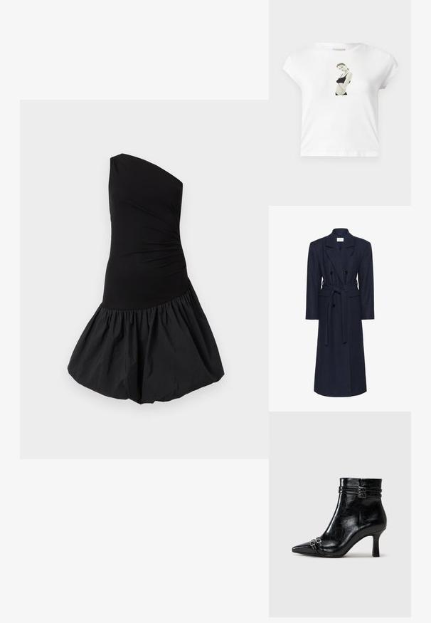Kétsoros sötétkék gyapjú keverék kabát, hosszú ujjak, önkötős öv, két elülső zseb, dolmány gallér, texturált anyag.; Félvállas fekete ruha, amely illeszkedő felsőrésszel és dús, fodros szoknyával rendelkezik. Simító, könnyű anyagból készült, matt felülettel.; Fehér pamut póló rövid ujjakkal, az elején fekete-fehér fényképnyomattal egy sötét ruházatú alakról.; Tamaris Telitalpú bokacsizmák - black