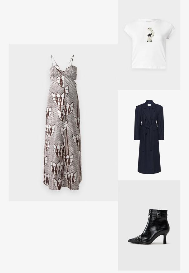 Divkāršs zils vilnas maisījuma mētelis, garas piedurknes, pašsasināms josta, divas priekšējās kabatas, iedobēts apkakle, teksturēta auduma.; Maksisvārki ar plānām lencēm, ar brūnu un baltu abstraktu ziedu rakstu uz teksturētas auduma. Elastīga josta ērtībai.; Balta kokvilnas t-kreklu ar īsām piedurknēm, priekšpusē ar melnbaltu fotogrāfiju, kurā attēlota figūra melnā apģērbā.; Tamaris Puszābaki ar ķīļveida zoli - black