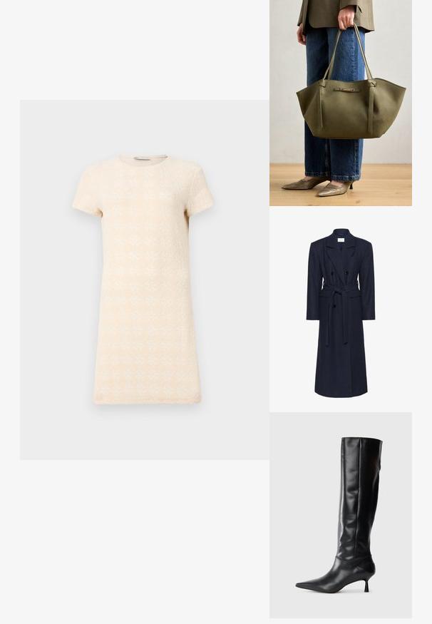 Double-breasted navy wool blend coat, long sleeves, self-tie belt, two front pockets, notched collar, textured fabric.; Short-sleeve dress in light beige, featuring a textured pattern of diamond shapes. Simple, straight cut with a round neckline.; Black leather knee-high boot with a pointed toe and slim curved heel. Smooth texture, fitted design, and no visible hardware or patterns.; Olive green tote bag with dual handles, smooth texture, and a metal logo accent. Rounded shape with side panels; paired with blue pants.